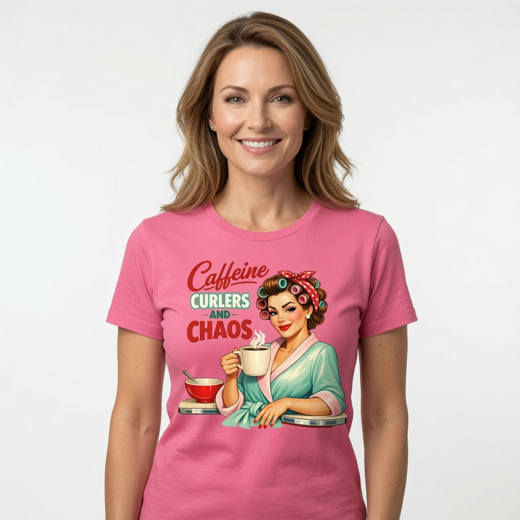 Caffeine, Curlers and Chaos T-Shirt | Funny Retro Housewife Coffee Shirt