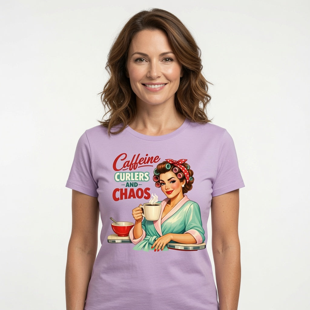 Caffeine, Curlers and Chaos T-Shirt | Funny Retro Housewife Coffee Shirt