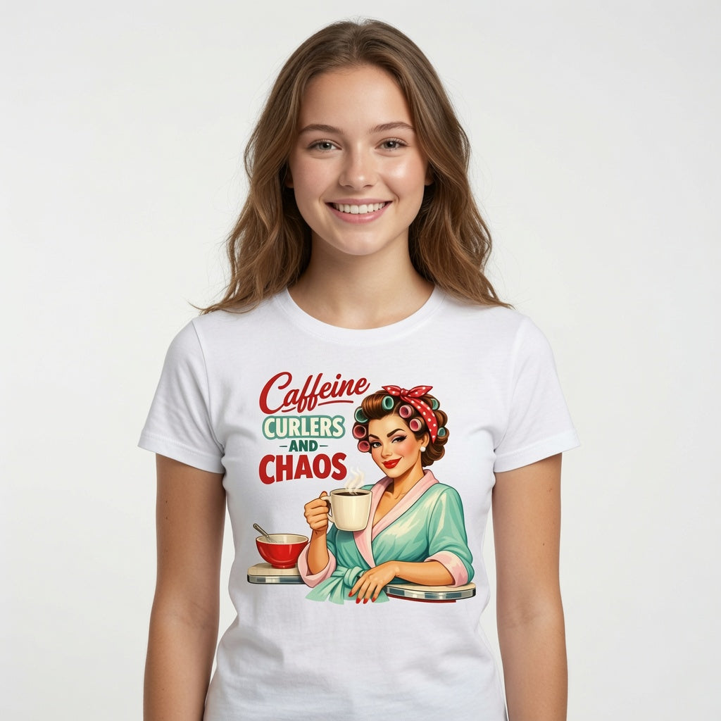 Caffeine, Curlers and Chaos T-Shirt | Funny Retro Housewife Coffee Shirt