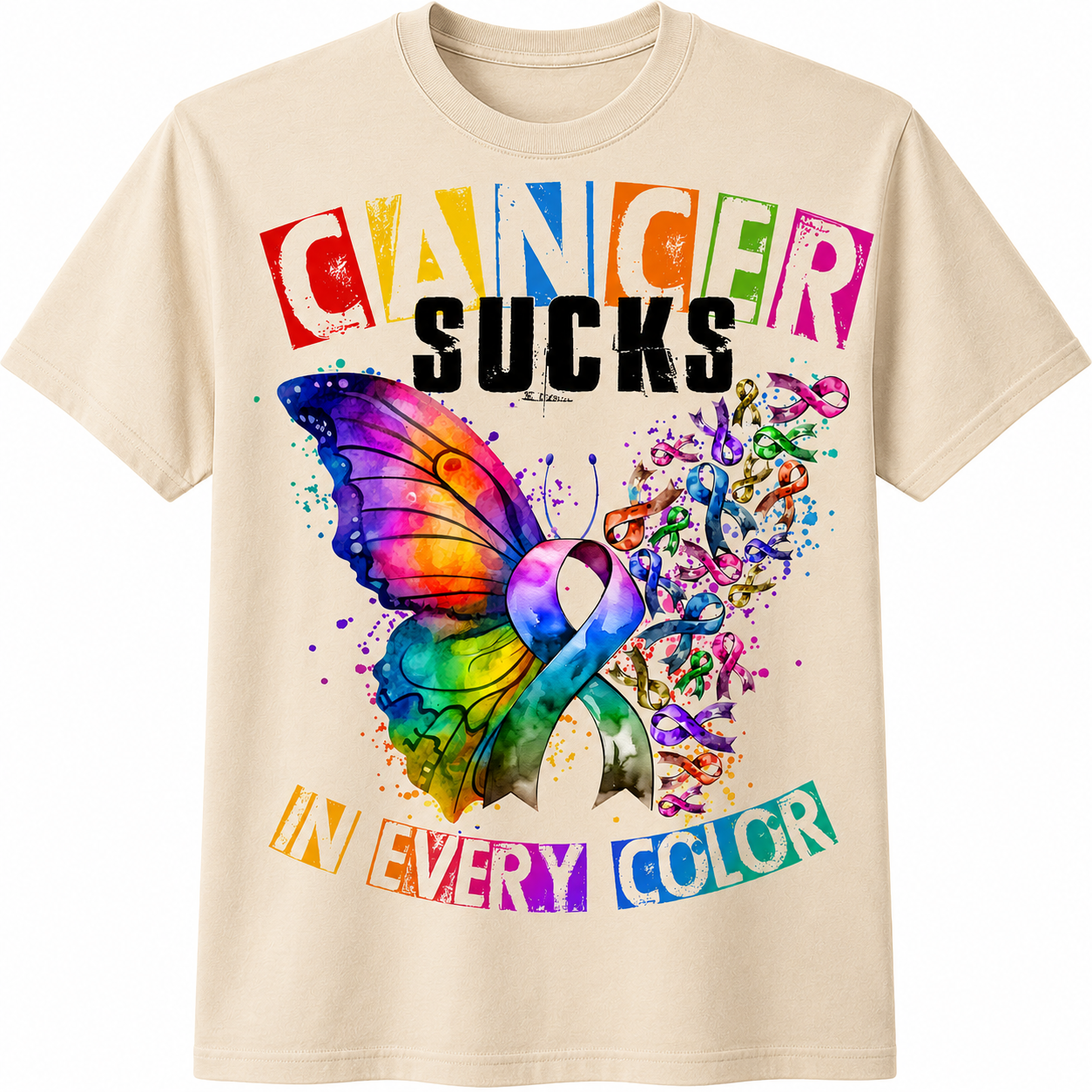 Cancer Sucks in Every Color T-Shirt - Butterfly Awareness Graphic T-Shirt