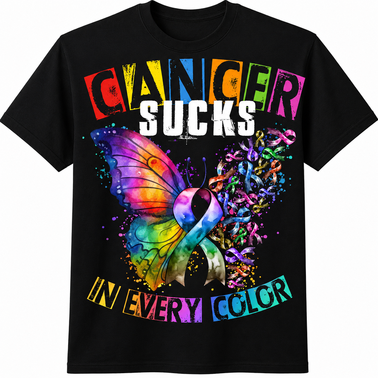 Cancer Sucks in Every Color T-Shirt - Butterfly Awareness Graphic T-Shirt