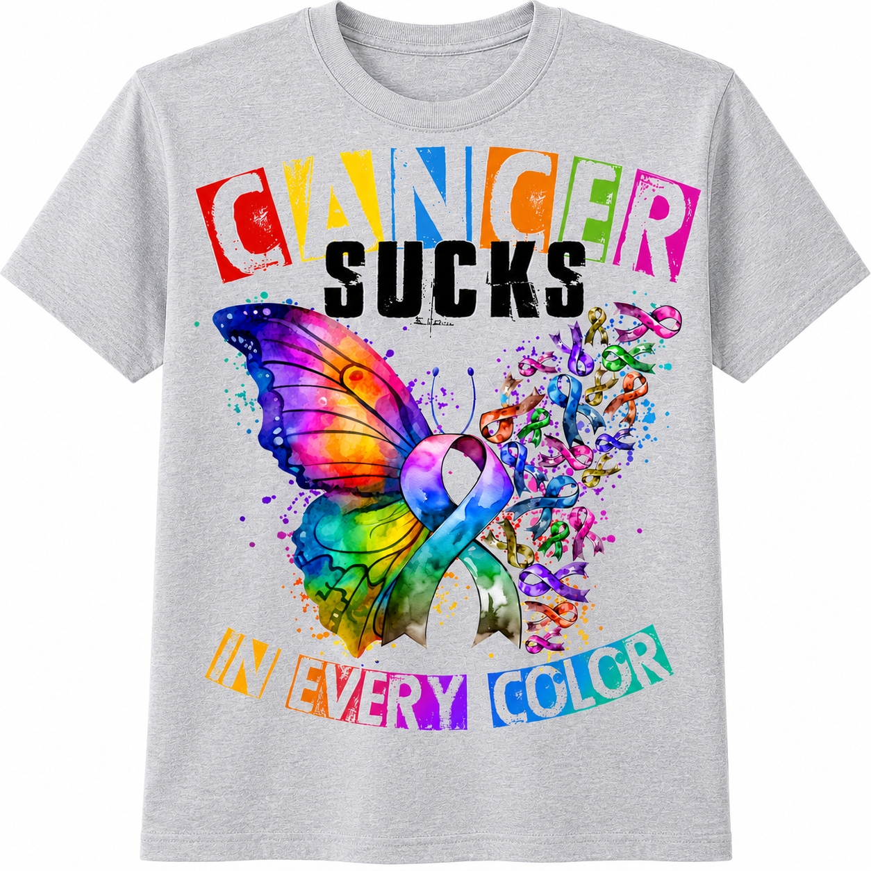 Cancer Sucks in Every Color T-Shirt - Butterfly Awareness Graphic T-Shirt
