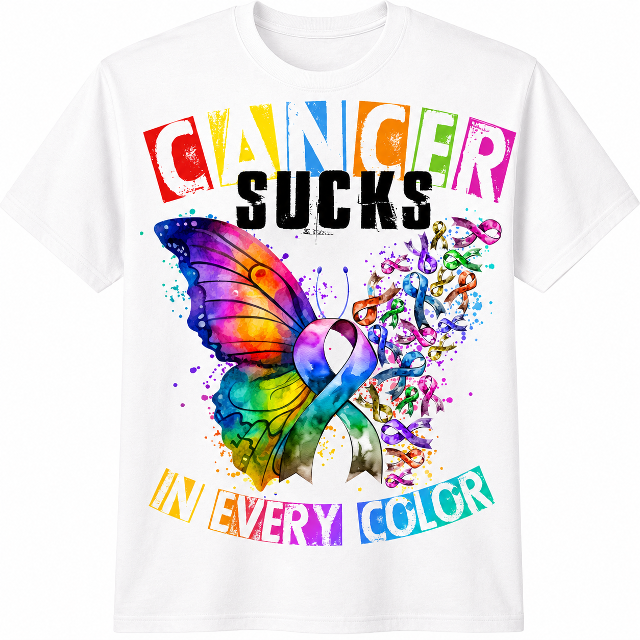 Cancer Sucks in Every Color T-Shirt - Butterfly Awareness Graphic T-Shirt