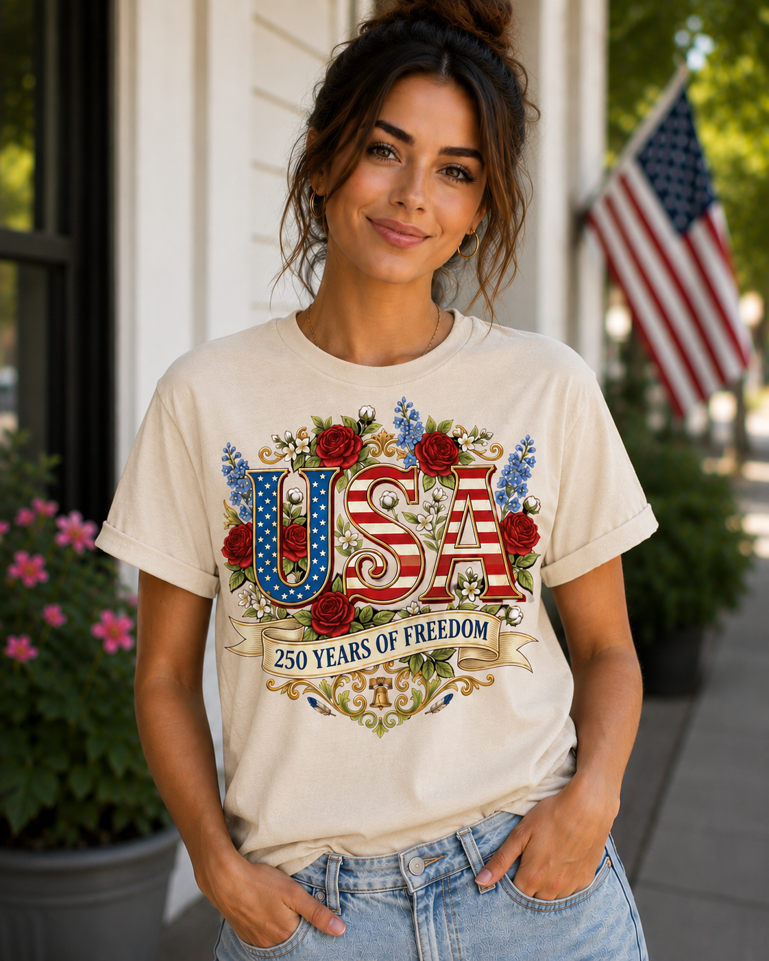 USA 250 Years of Freedom Floral Patriotic T-Shirt
