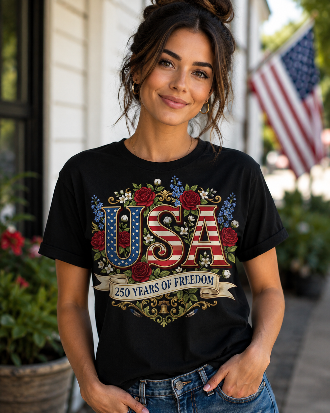 USA 250 Years of Freedom Floral Patriotic T-Shirt