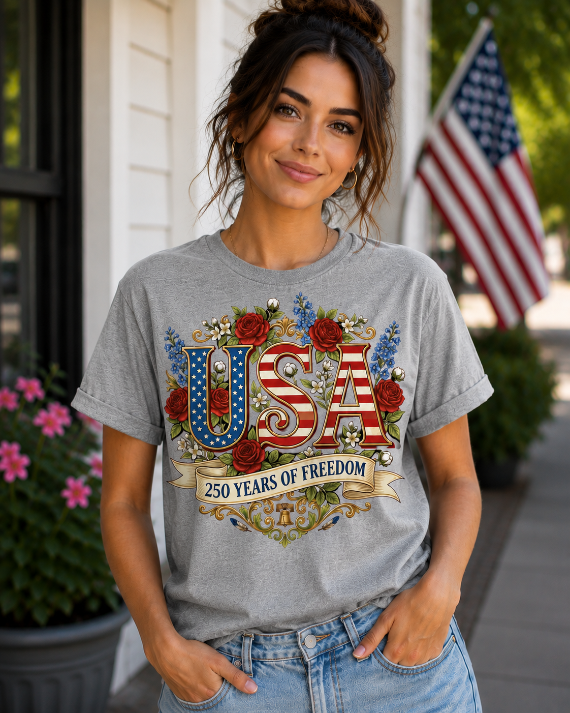 USA 250 Years of Freedom Floral Patriotic T-Shirt