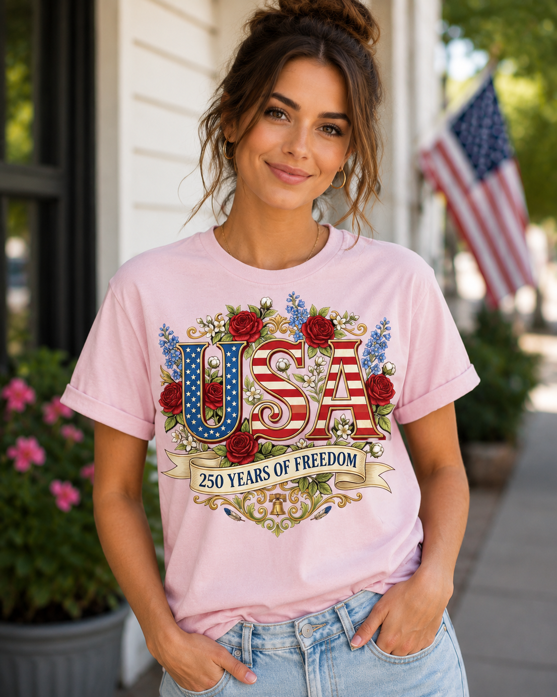 USA 250 Years of Freedom Floral Patriotic T-Shirt