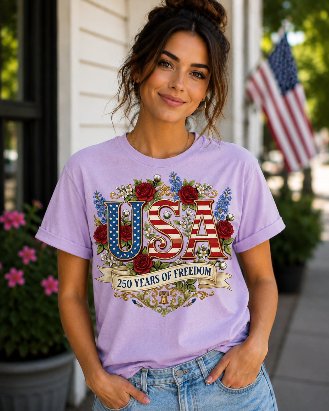 USA 250 Years of Freedom Floral Patriotic T-Shirt
