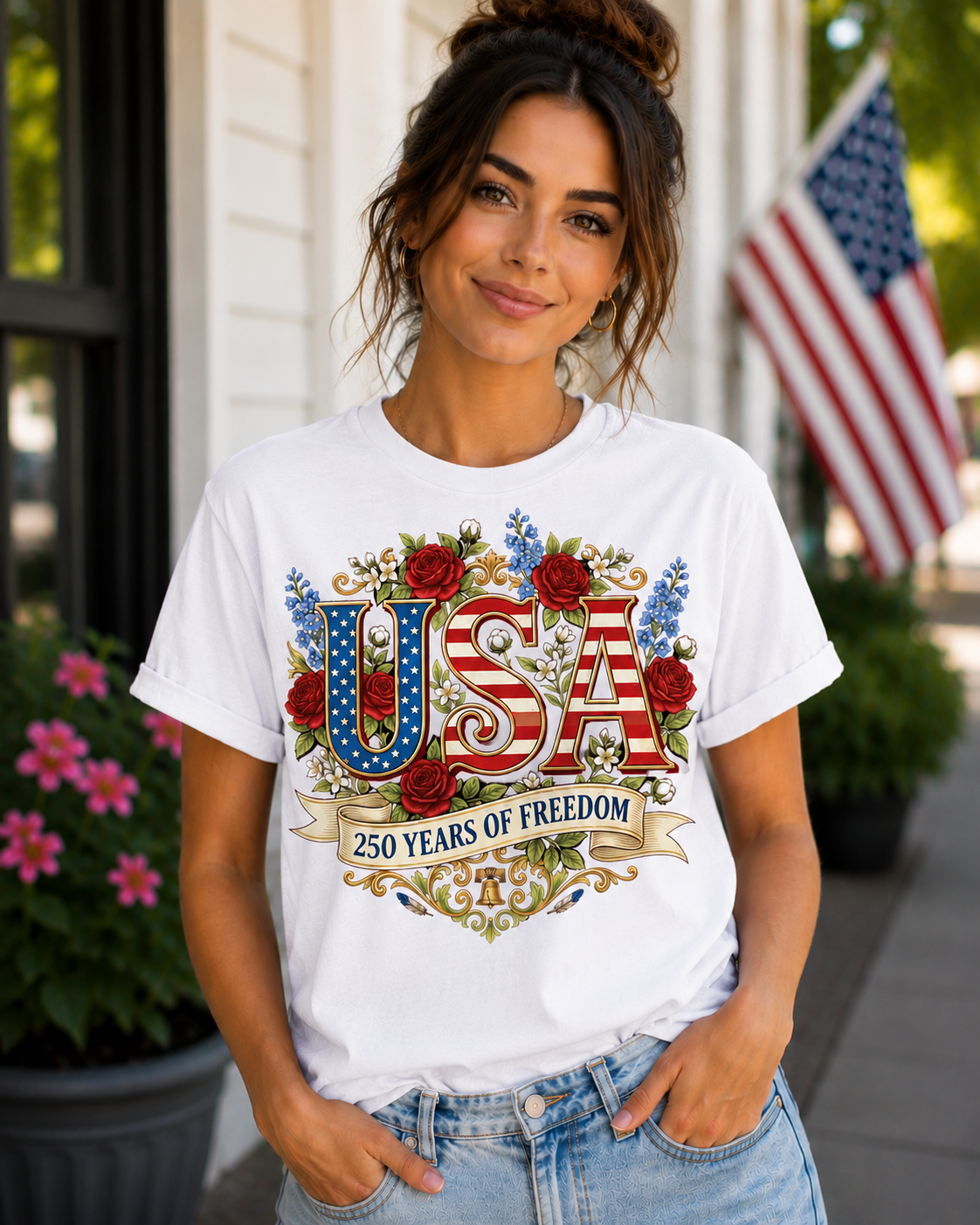 USA 250 Years of Freedom Floral Patriotic T-Shirt