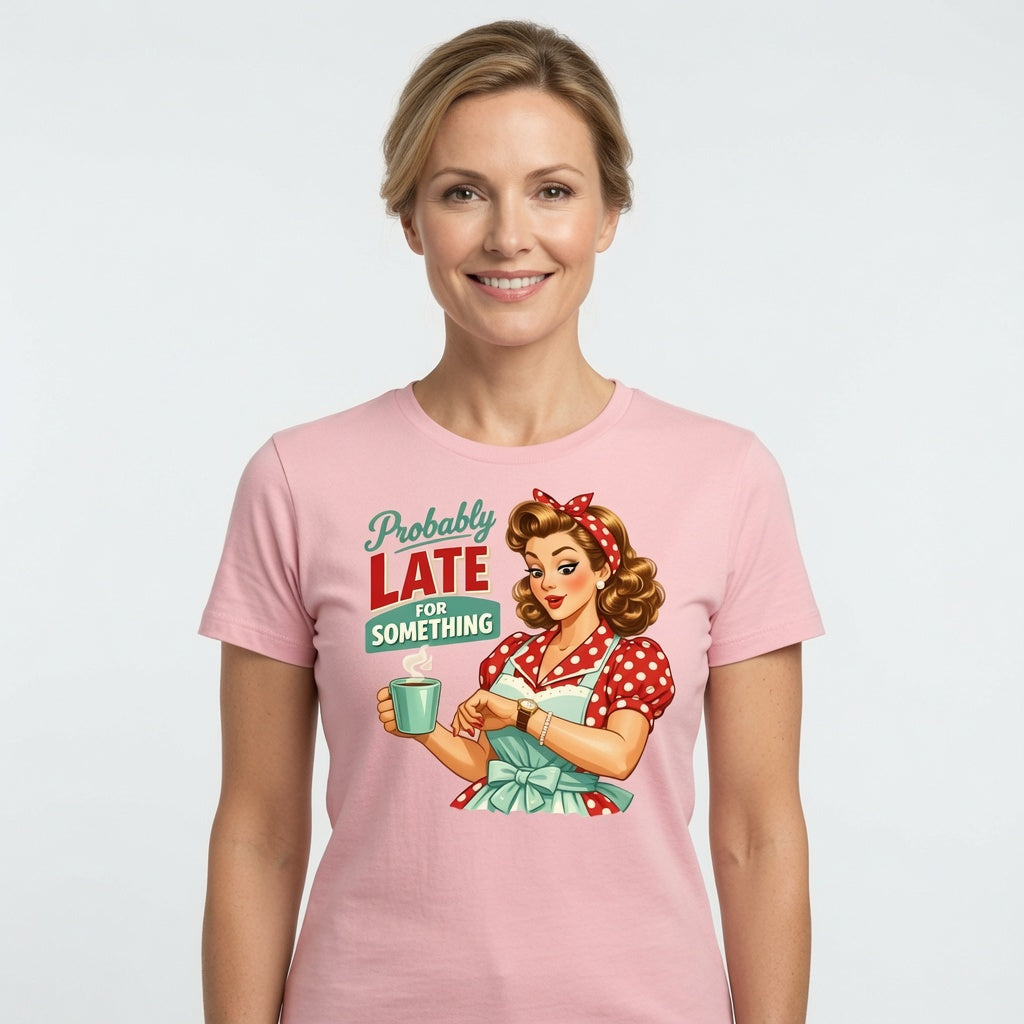Probably Late for Something T-Shirt - Funny Retro Housewife Shirt