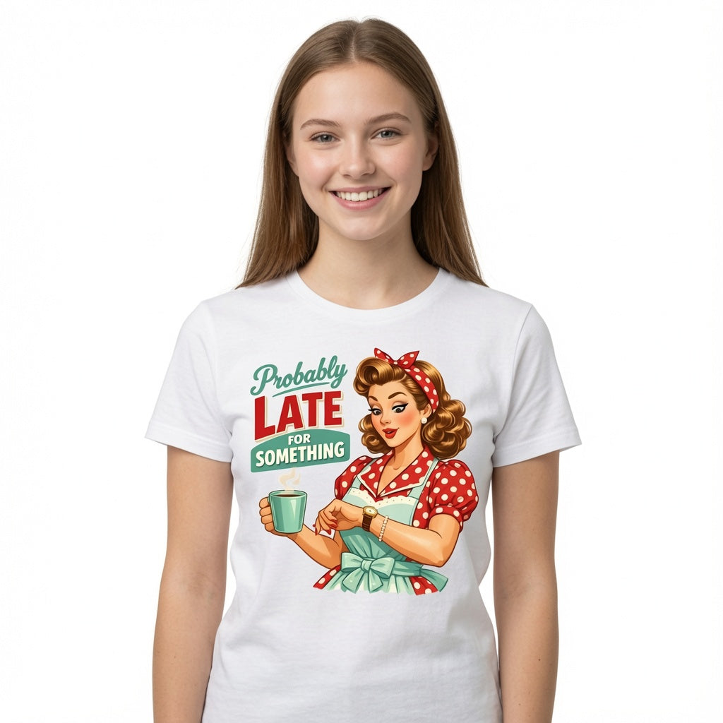 Probably Late for Something T-Shirt - Funny Retro Housewife Shirt