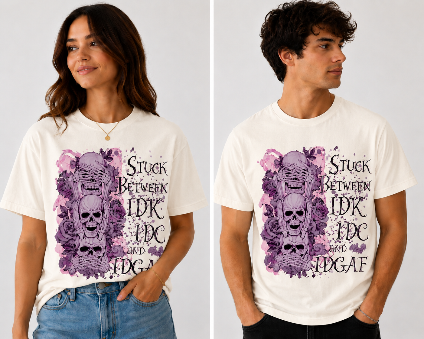 Two people wearing Beige/Off White t-shirts with a purple graphic design featuring skulls and text.