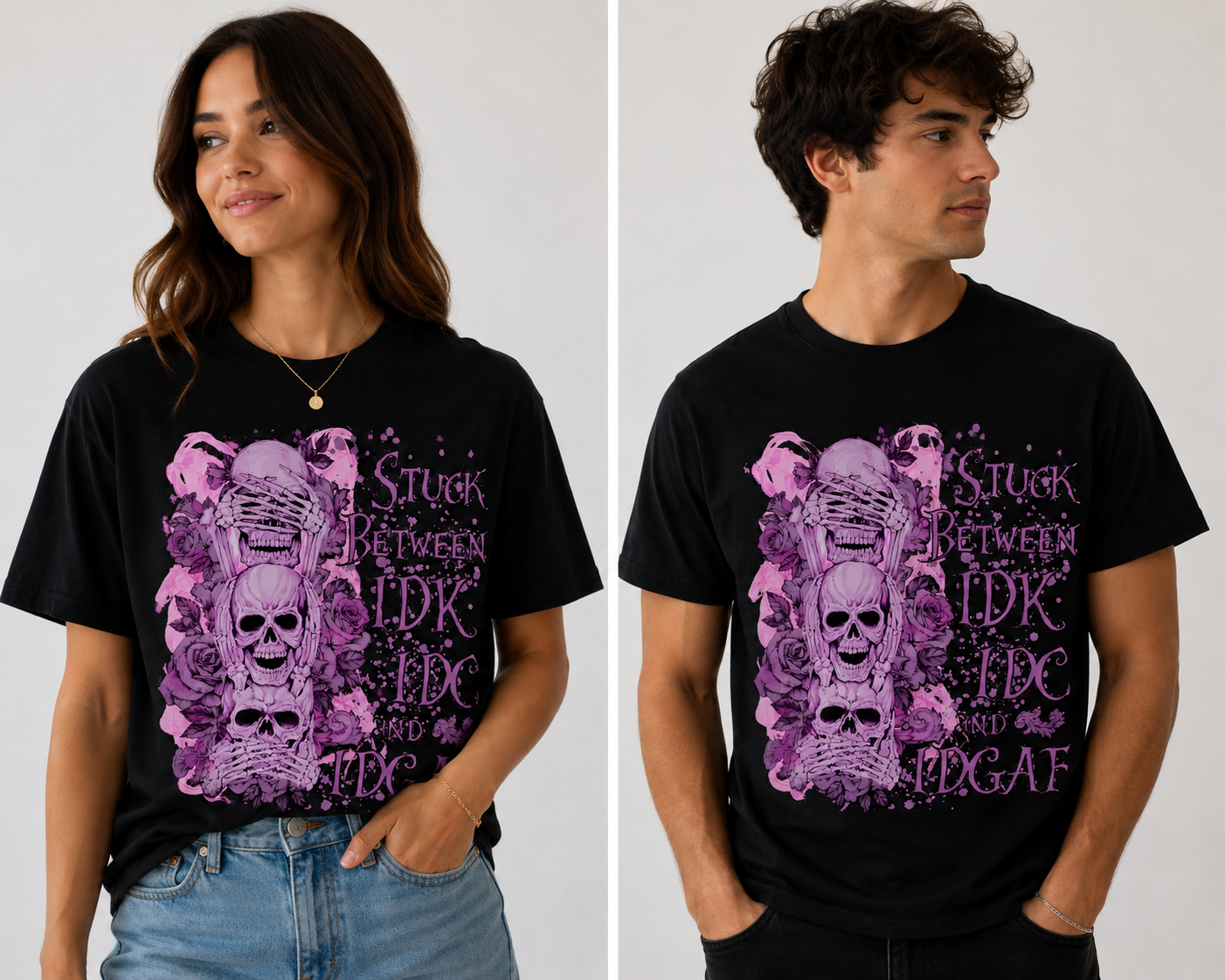 Two people wearing black t-shirts with purple graphic designs and text.