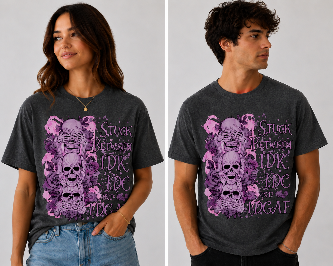 Two people wearing Grey t-shirts with purple graphic designs and text.