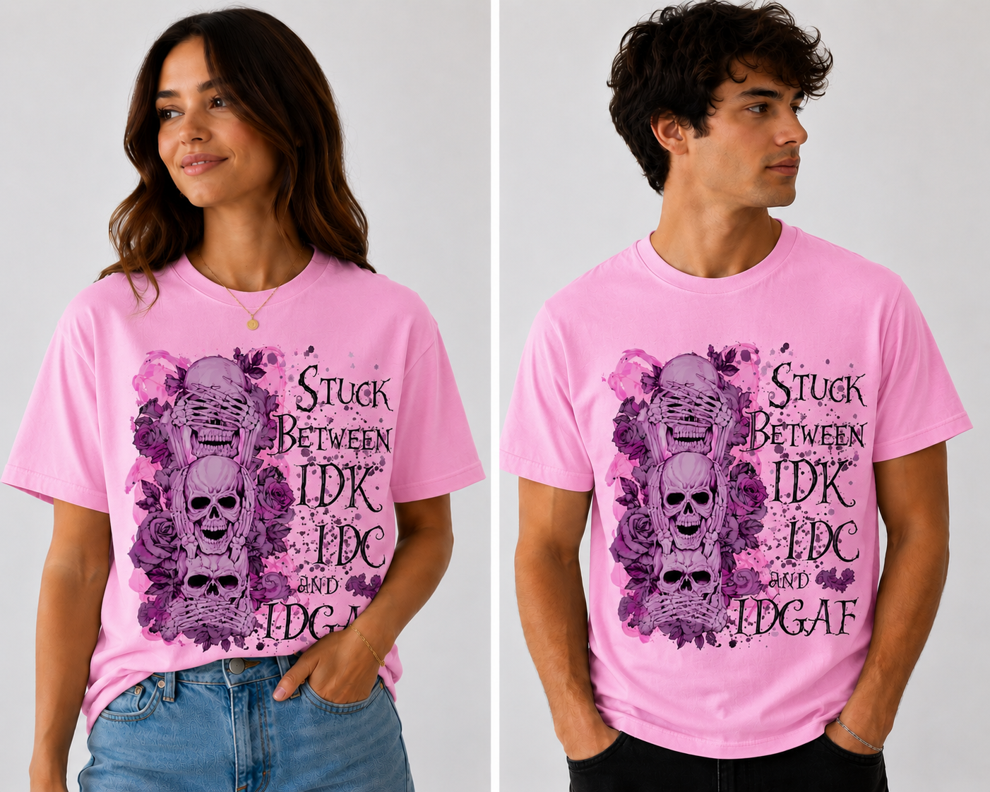 Two people wearing pink t-shirts with a graphic design and text.