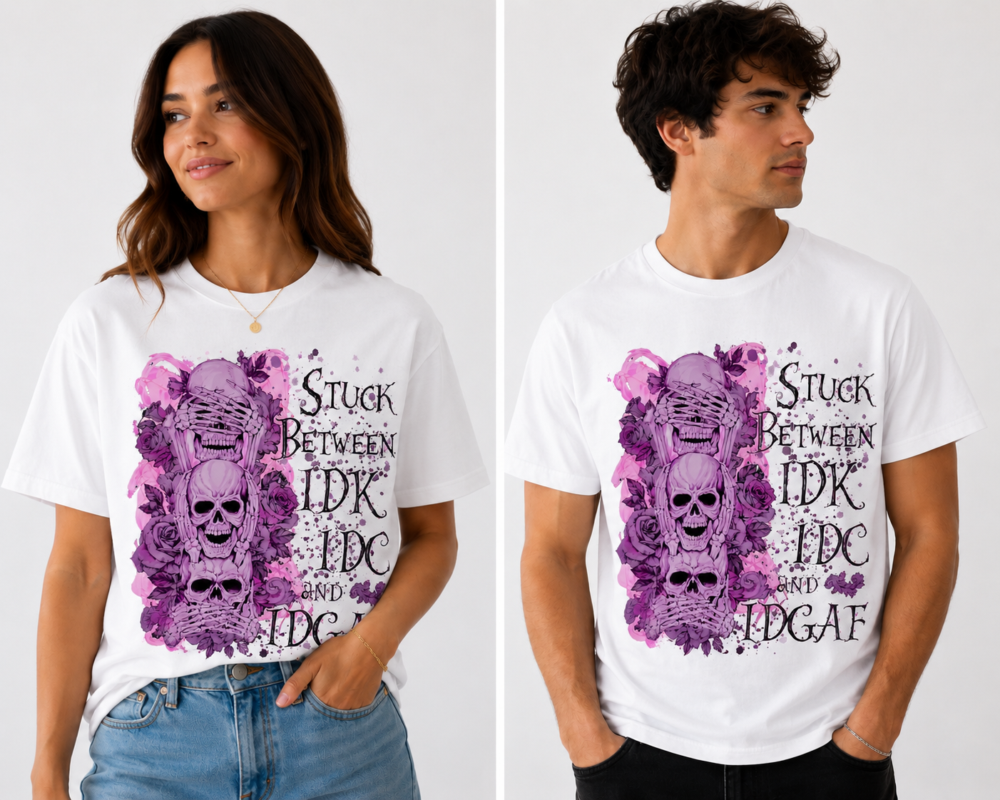 Two people wearing white t-shirts with a purple graphic design and text.