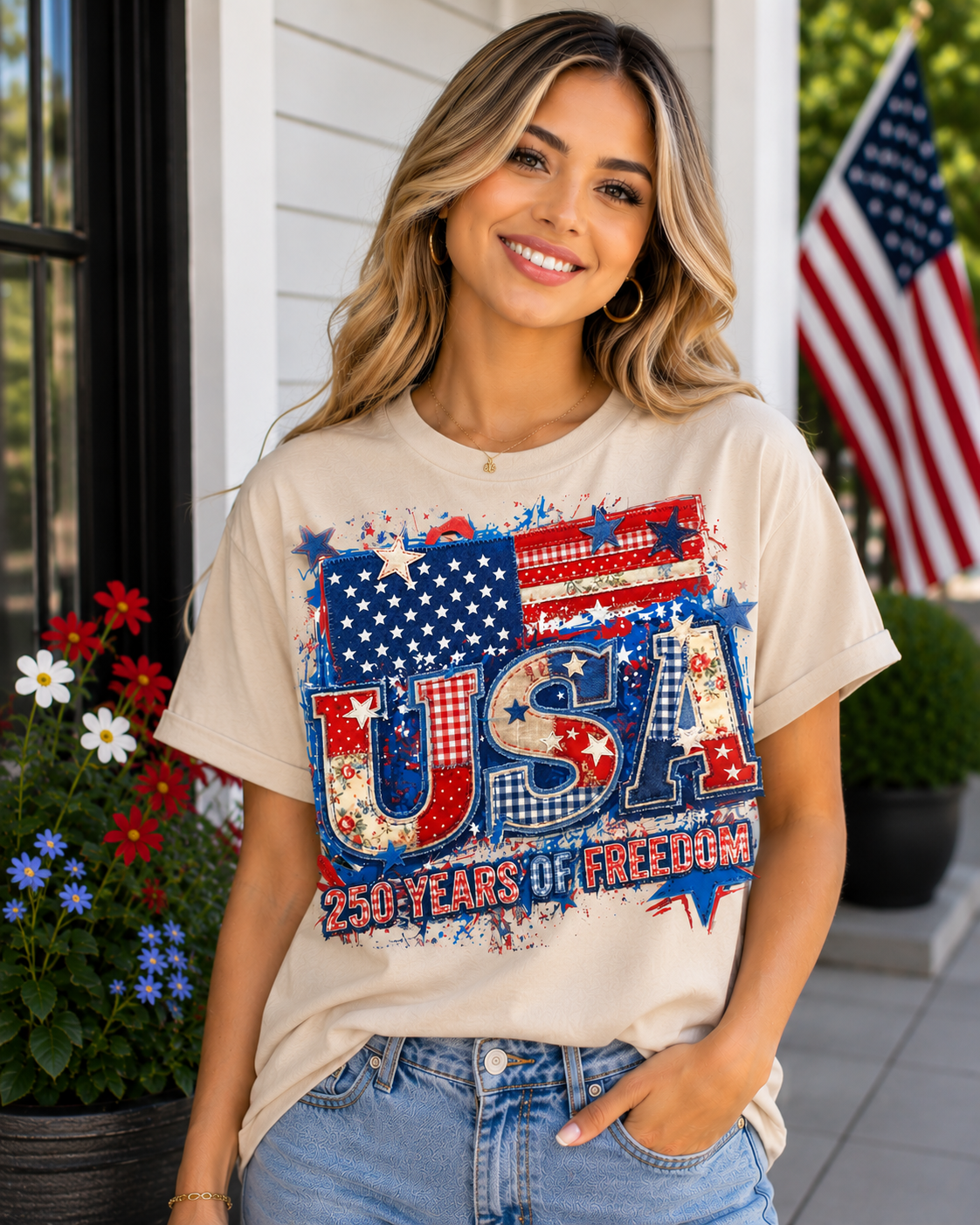USA 250 Years of Freedom Patriotic Patchwork T-Shirt
