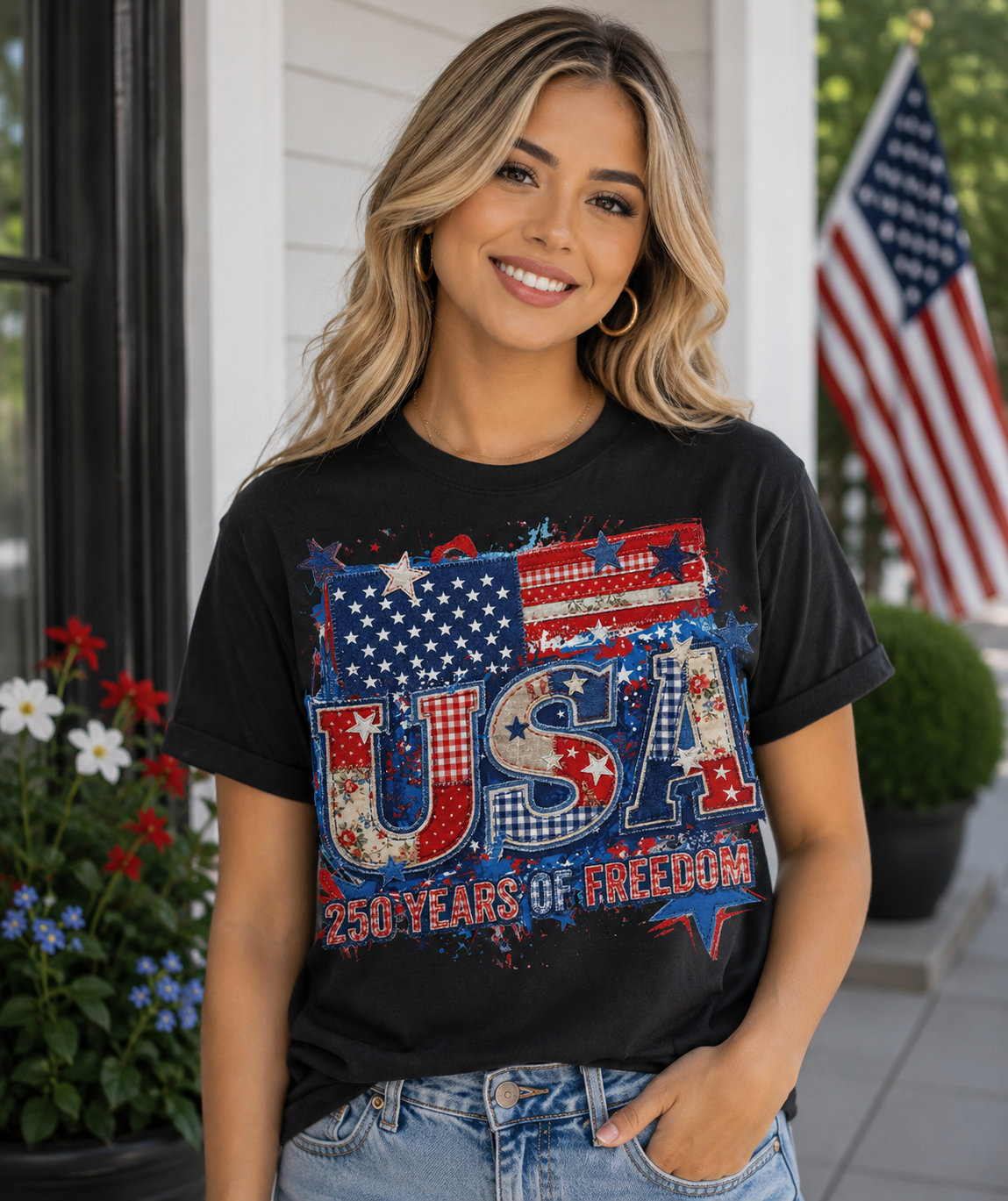 USA 250 Years of Freedom Patriotic Patchwork T-Shirt