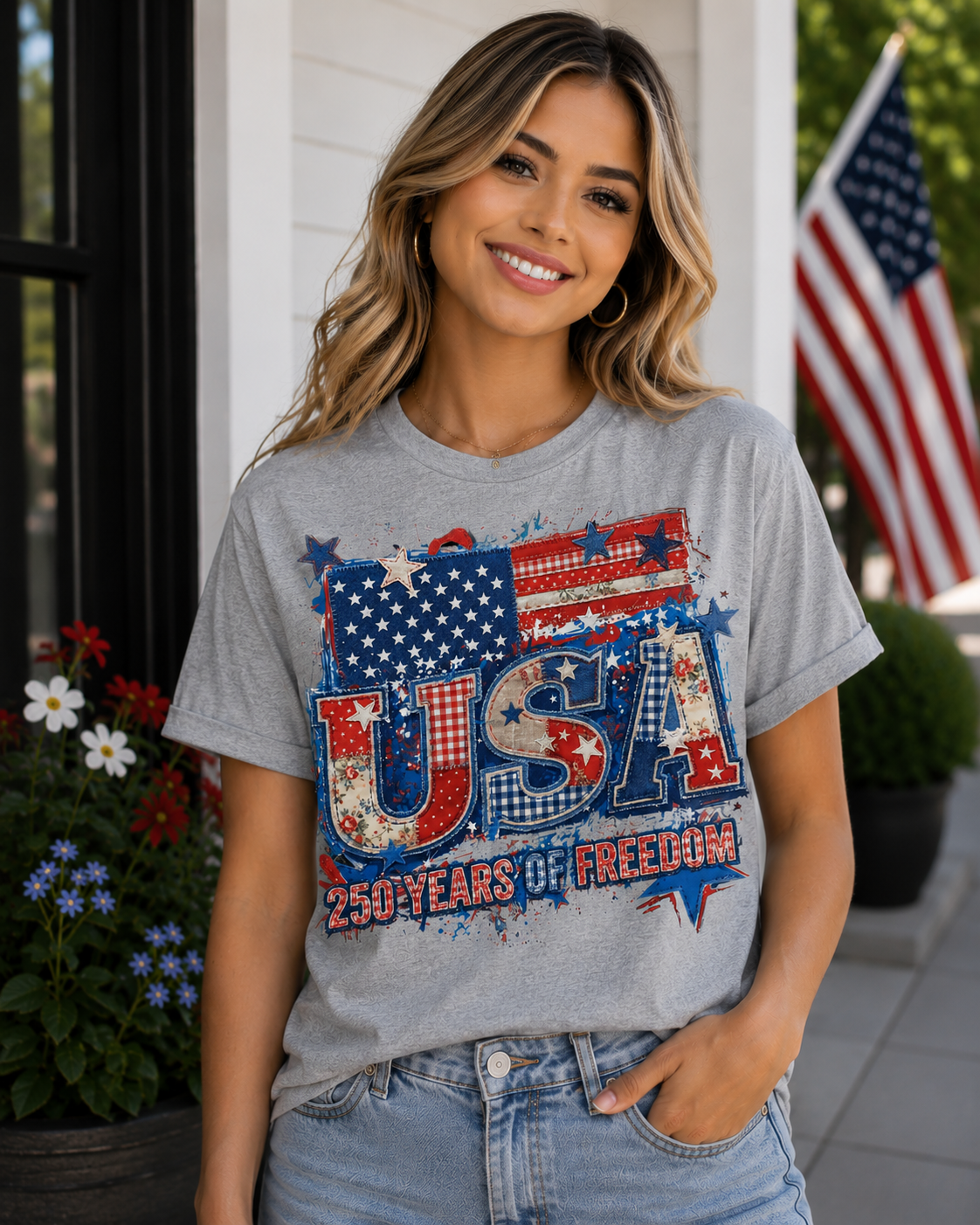 USA 250 Years of Freedom Patriotic Patchwork T-Shirt