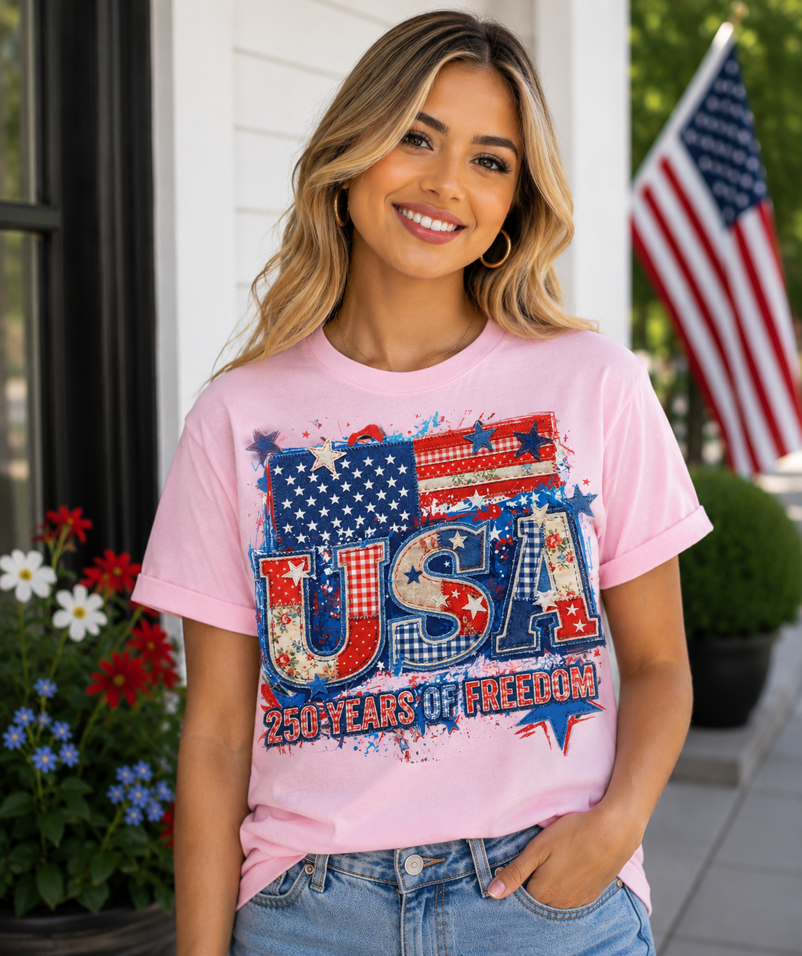 USA 250 Years of Freedom Patriotic Patchwork T-Shirt