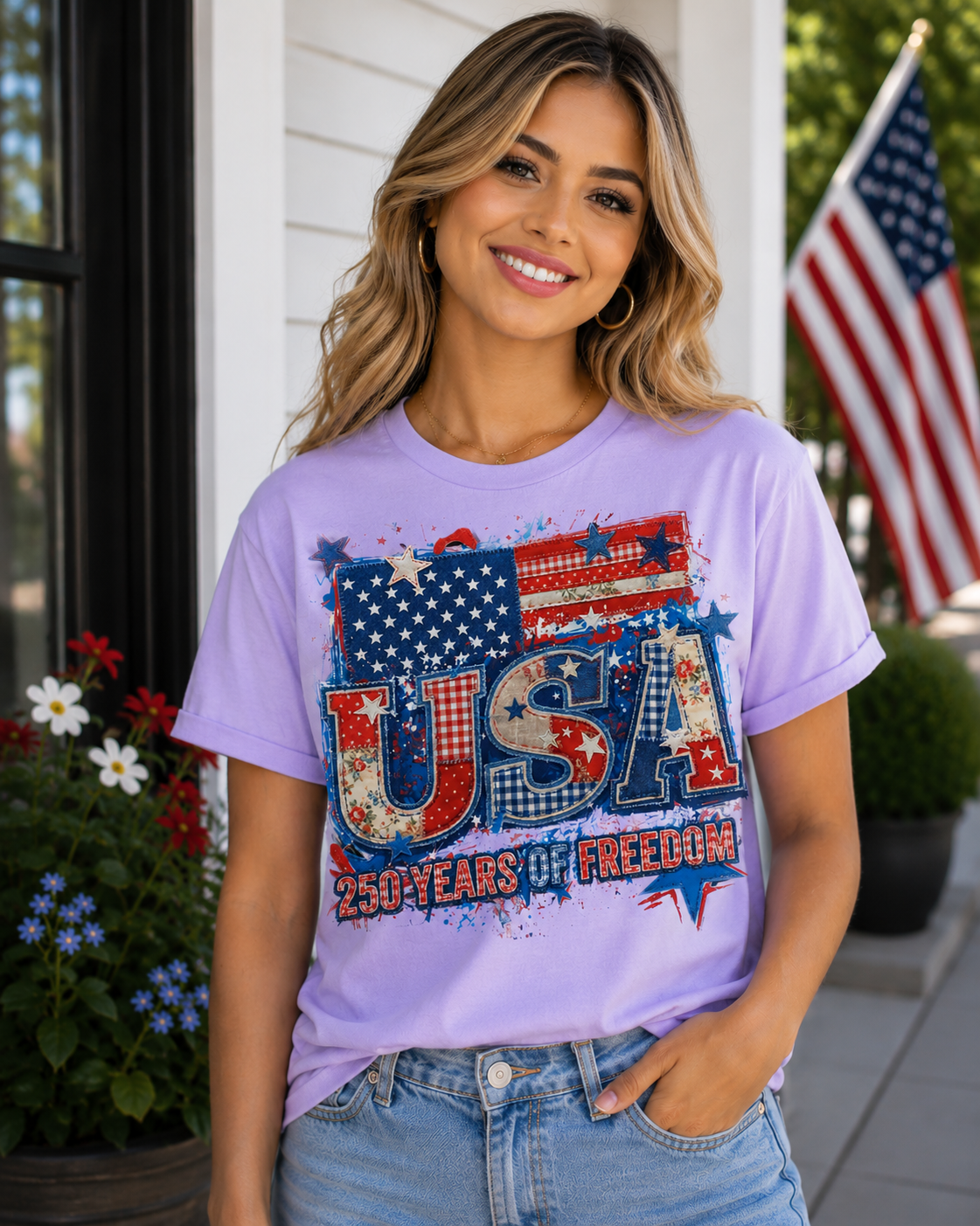 USA 250 Years of Freedom Patriotic Patchwork T-Shirt