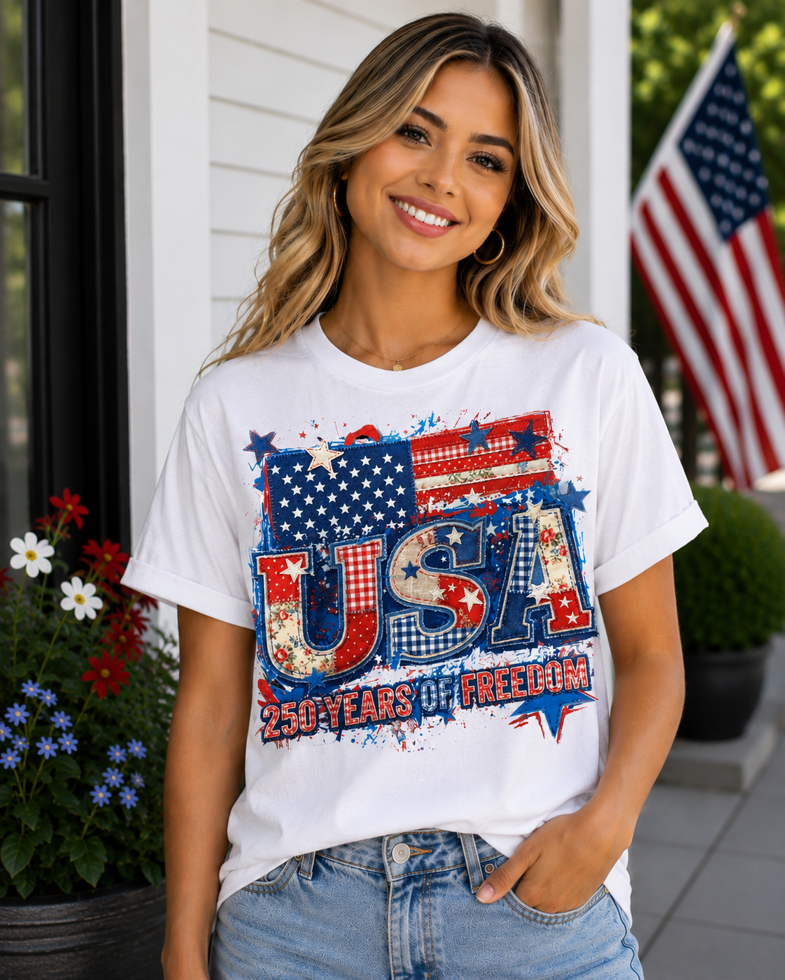 USA 250 Years of Freedom Patriotic Patchwork T-Shirt
